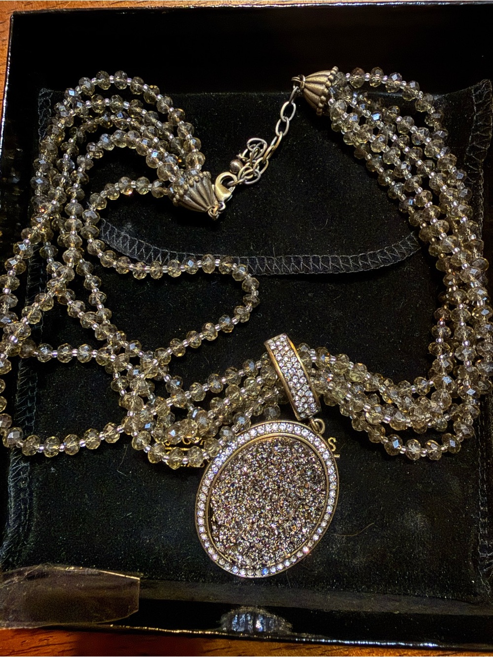 Crystal Bead Multi-Strand Necklace with Pavé Pendant - silver-tone